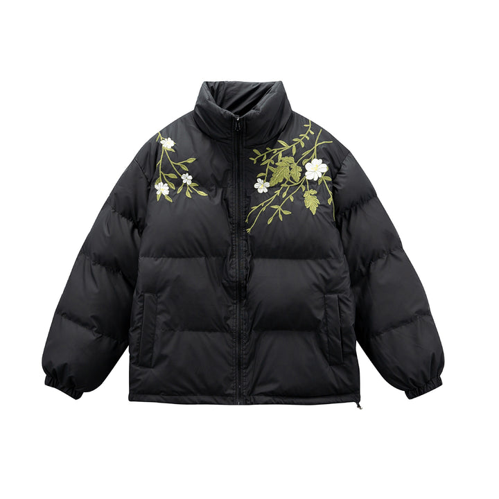 Damen Gepolsterte Oversize-Steppjacke mit Stehkragen und Blumenstickerei Drune