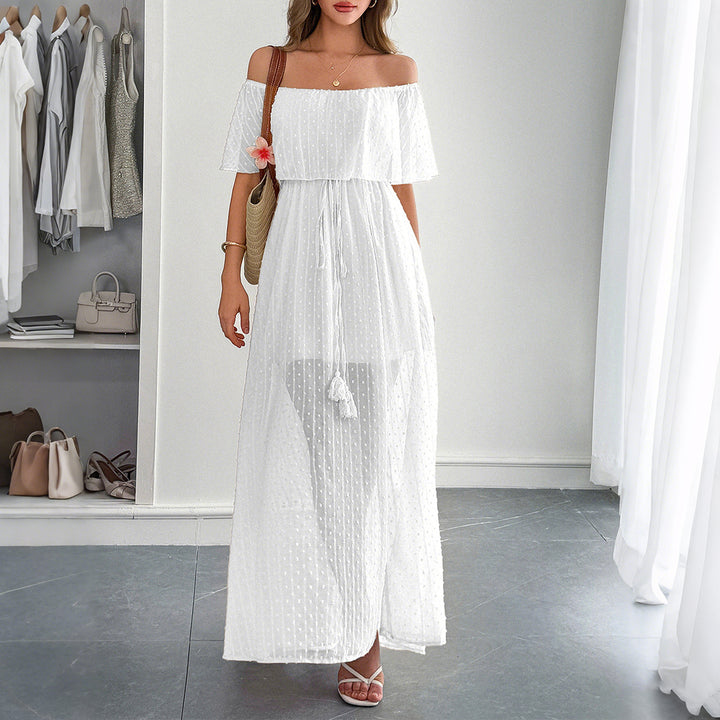 Damen Off-Shoulder Maxikleid mit feinem Punktedesign und Taillenbindung Drune