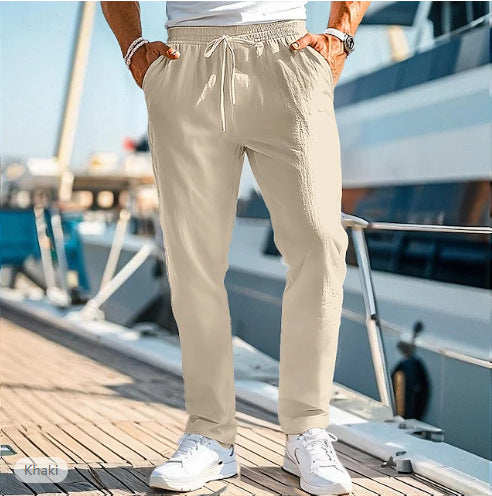 Herren lässige Leinenmisch-Joggerhose mit Kordelzug, angeschrägten Eingrifftaschen und schmalem Knöchelabschluss Drune