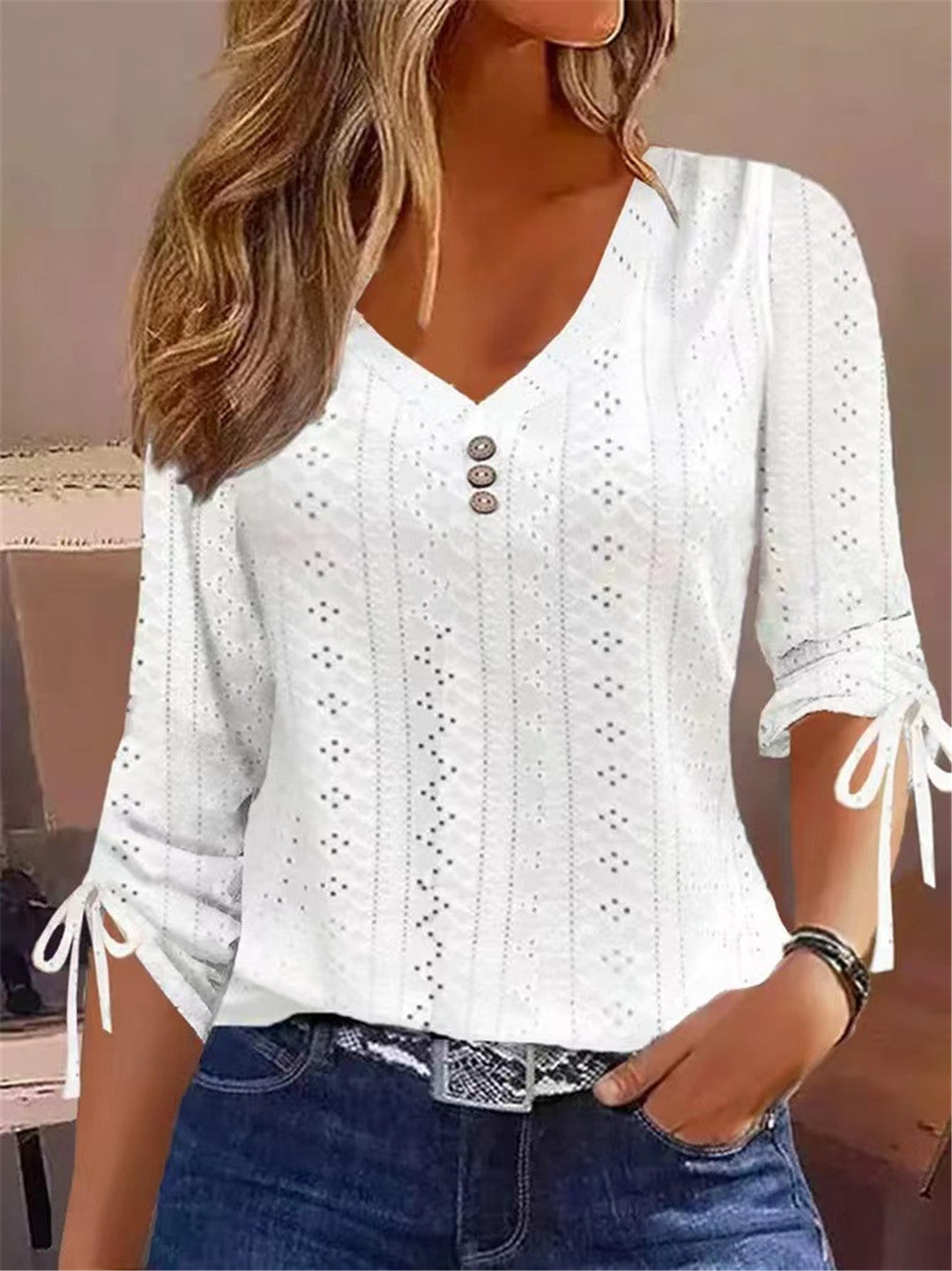 Damen V-Ausschnitt Bluse mit Raffdetails Drune