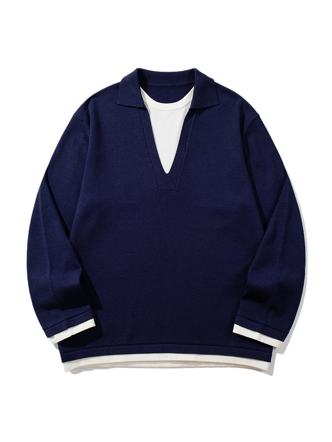 Unisex Lässiger Oversize Strickpullover mit tiefem V Einsatz und Hemd‑Layer Optik Drune