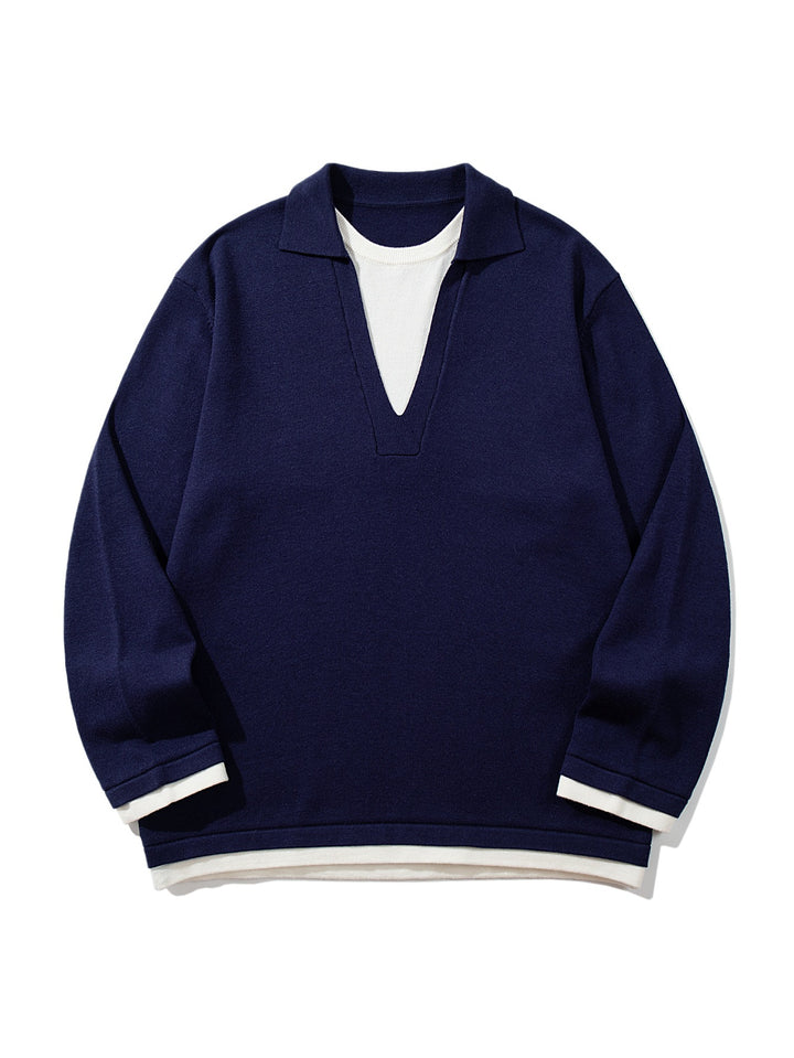 Unisex Lässiger Oversize Strickpullover mit tiefem V Einsatz und Hemd‑Layer Optik Drune