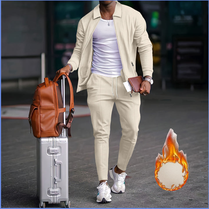 Herren nan zweiteiliges Reise-Loungewear-Set mit strukturierter Jacke, Reißverschluss und konischer Jogginghose Drune