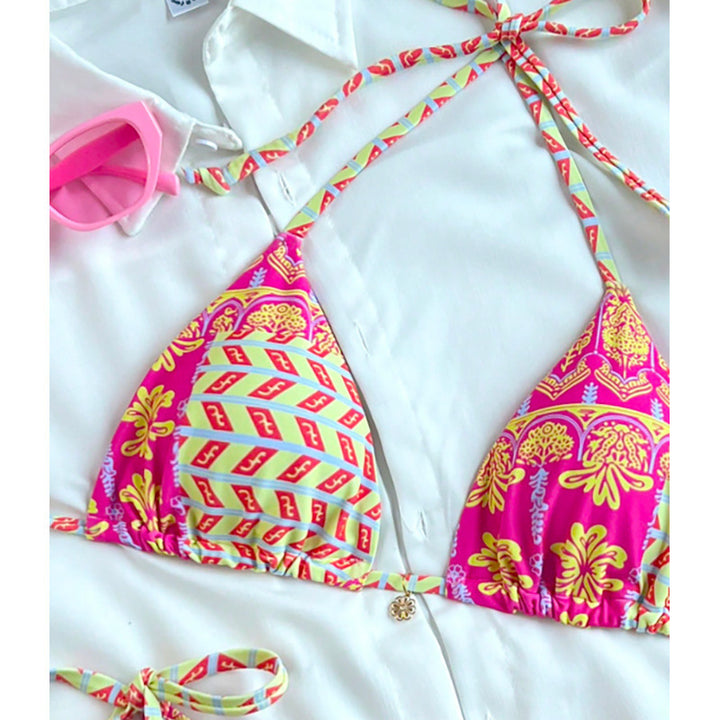 Damen Triangel-Bikini mit verspieltem Blumendesign und unterschiedlichen Bindungsträgern Drune