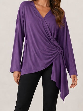 Damen Wickelshirt mit seitlicher Knotenpartie, V‑Ausschnitt und asymmetrischem Saum Drune