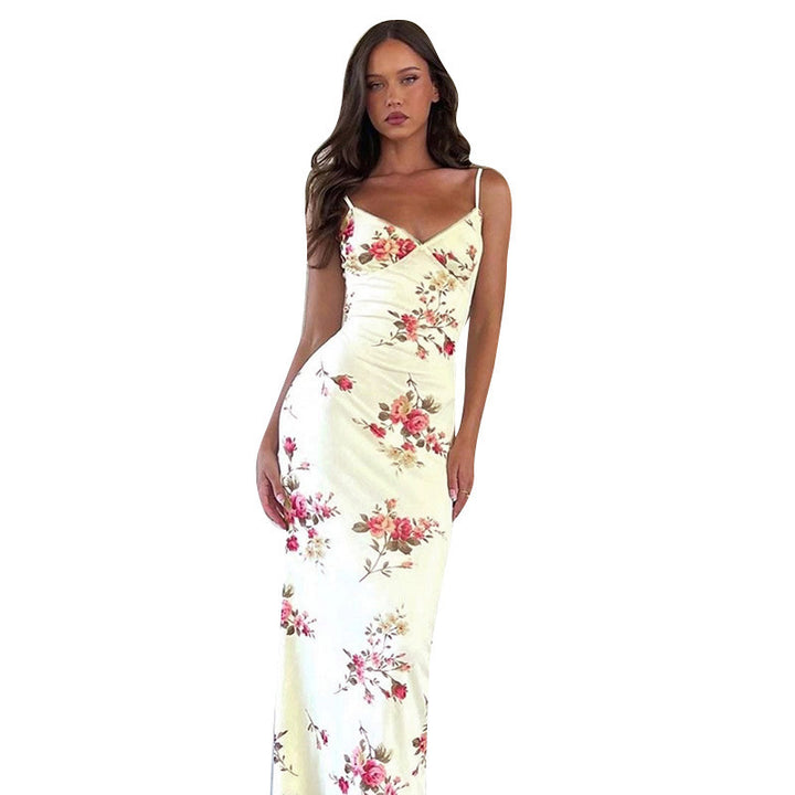 Damen elegantes Maxikleid mit zarten Rüschen und tiefem V-Ausschnitt Drune