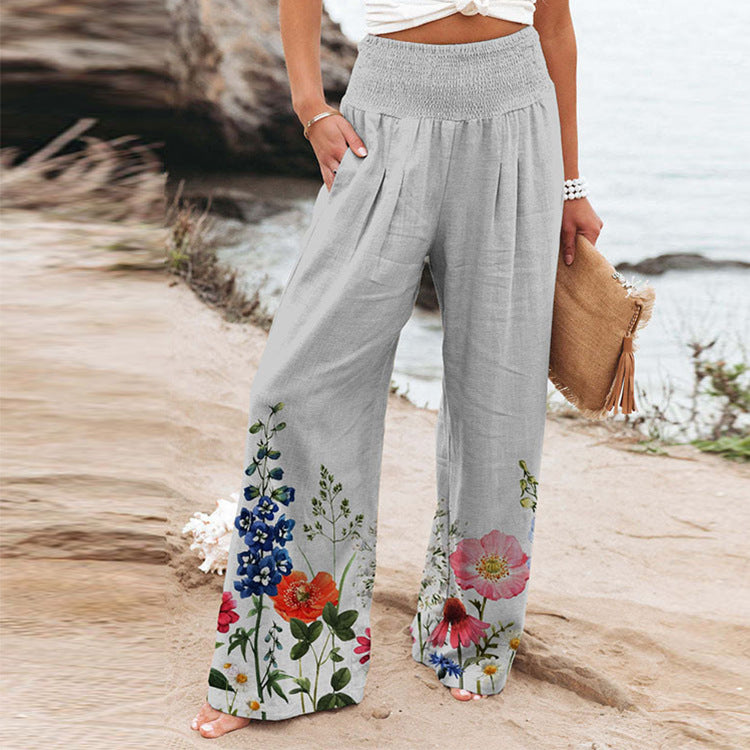Damen Weite Sommerhose mit floralem Design und elastischem Bund Drune