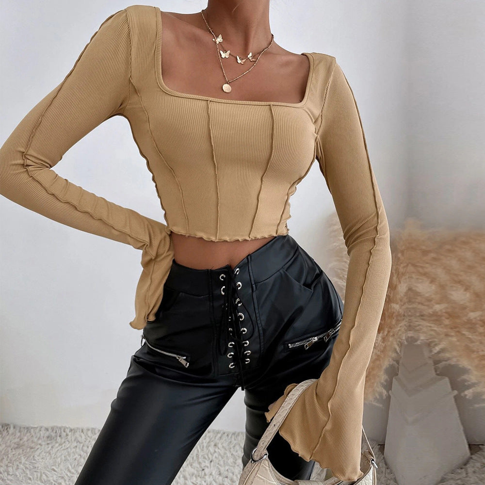 Damen Couture Crop-Top mit quadratischem Ausschnitt und langen Ärmeln Drune