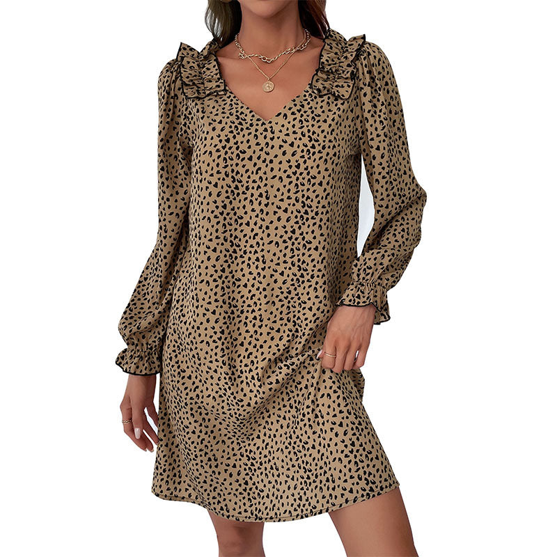 Damen Minikleid mit V-Ausschnitt, Volantkragen und dezentem Animal-Print Drune