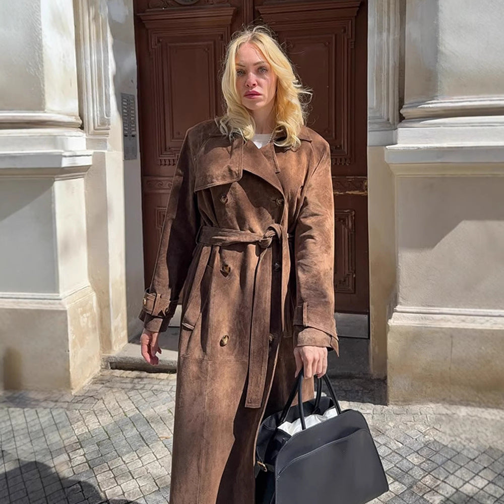 Damen Maxilanger Veloursleder‑Trenchcoat mit Bindegürtel Drune