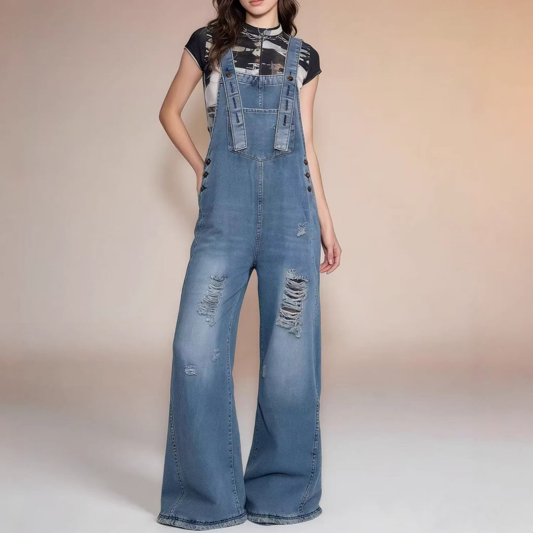 Damen nan moderne Baggy-Latzhose aus pigmentgefärbtem Stretch-Denim mit verstellbaren Trägern und sichtbaren Rissen Drune