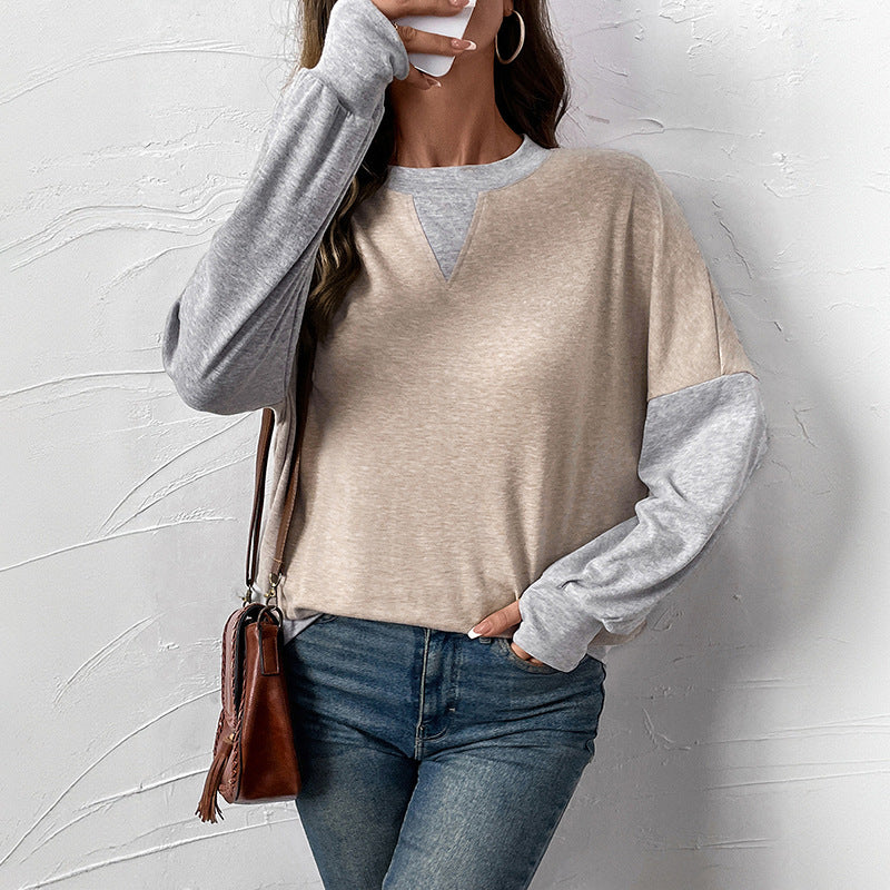 Damen Zweifarbiger Oversize-Langarmpullover mit Kontrastärmeln und V-Naht Drune