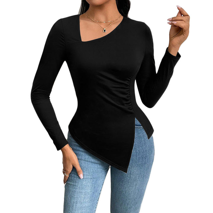 Damen asymmetrisches Langarm-Shirt mit diagonalem Cut-Out, taillierter Seitenraffung und spitz zulaufendem Zipfel-Saum Drune