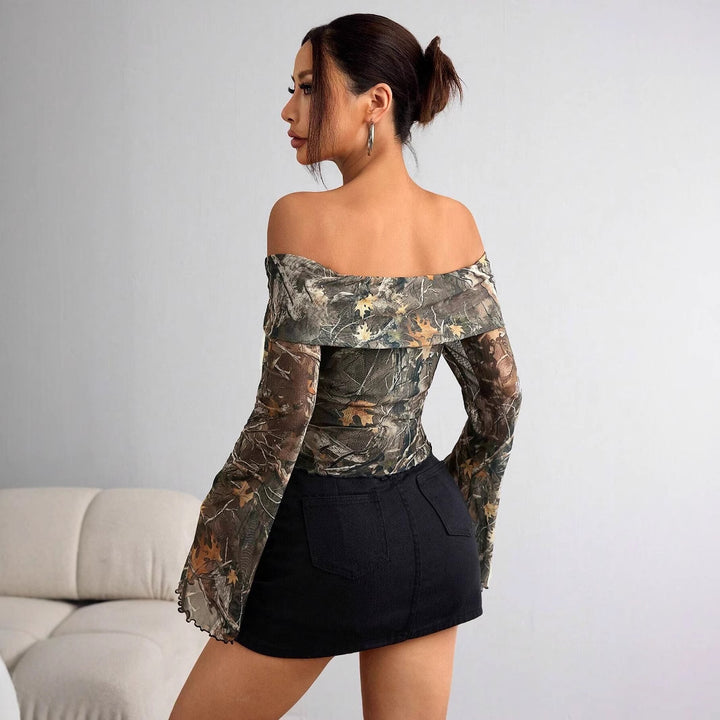 Damen nan schulterfreies Langarm-Top mit Camouflage-Blattmuster und ausgestellten Ärmeln Drune