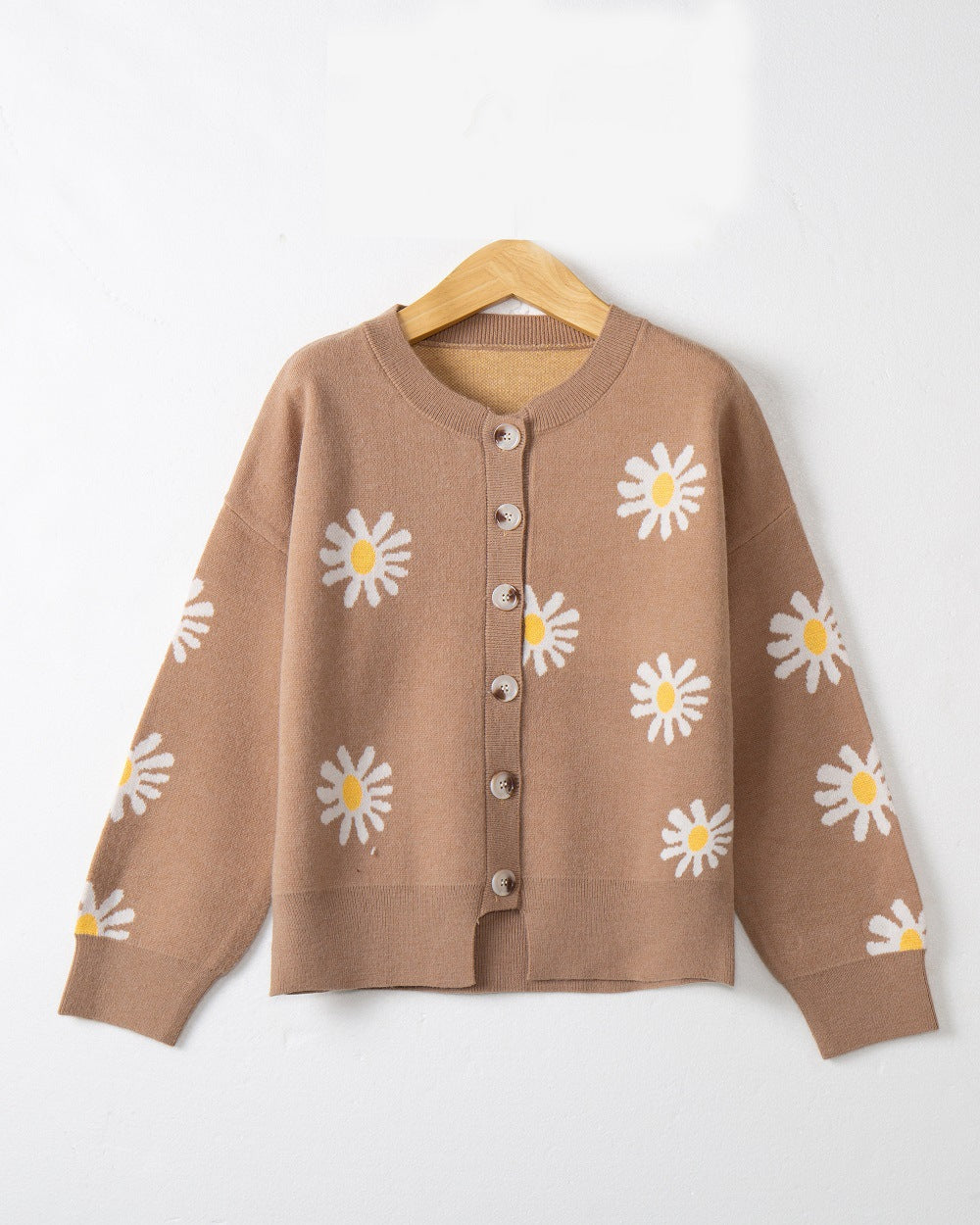 Damen modische Strickjacke mit floralem Muster und kurzen Ärmeln Drune