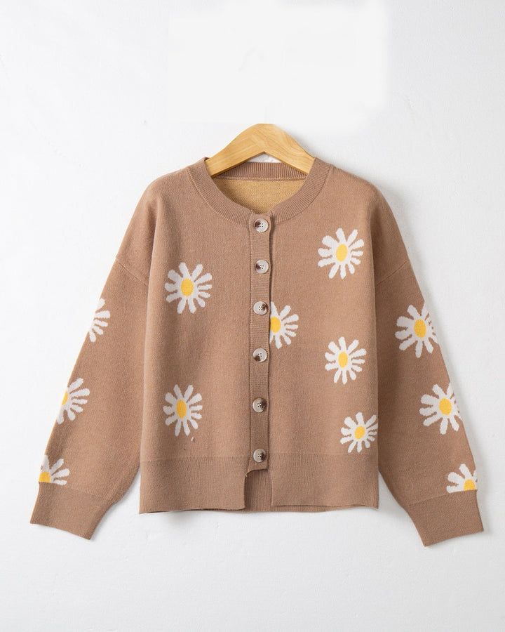 Damen modische Strickjacke mit floralem Muster und kurzen Ärmeln Drune