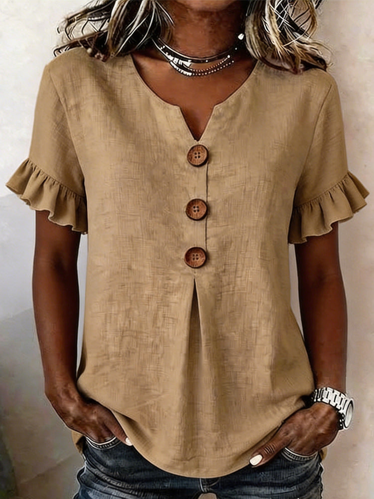 Damen Bluse mit Rüschendetails und Holzknöpfen Drune