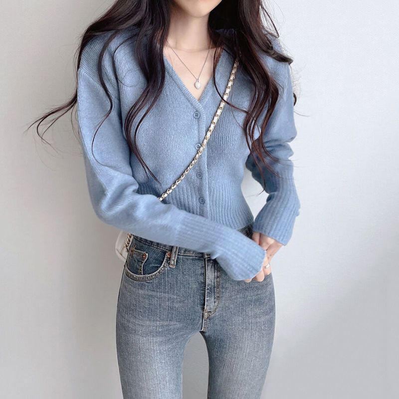 Damen cropped Strickjacke mit V-Ausschnitt und Rippstruktur Drune