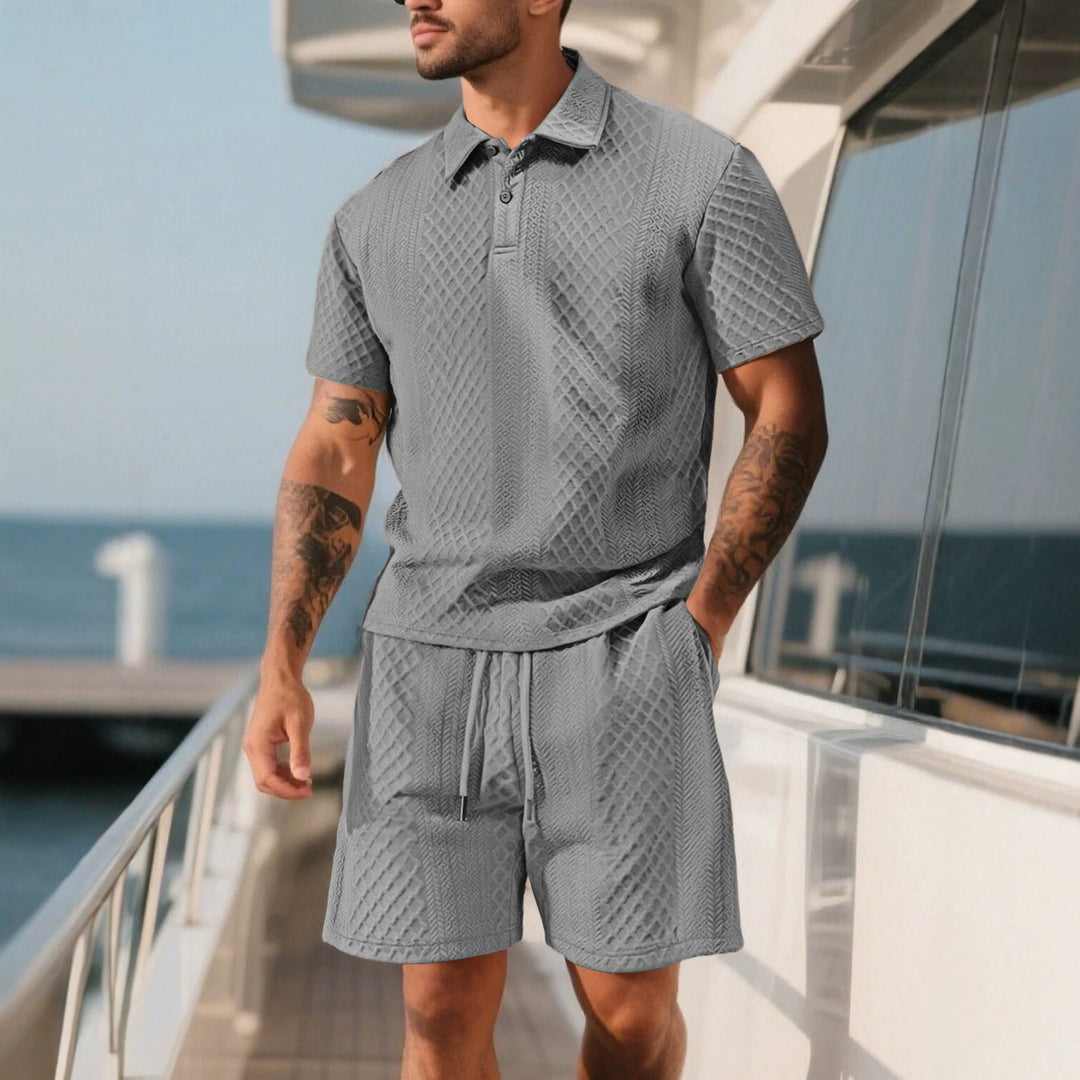 Herren nan dreidimensionales Relief-Freizeit-Set mit Polokragen, verdeckter Knopfleiste und elastischer Tunnelzugshorts Drune