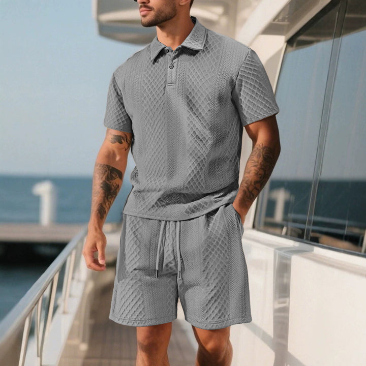 Herren nan dreidimensionales Relief-Freizeit-Set mit Polokragen, verdeckter Knopfleiste und elastischer Tunnelzugshorts Drune