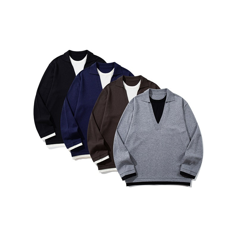 Unisex Lässiger Oversize Strickpullover mit tiefem V Einsatz und Hemd‑Layer Optik Drune