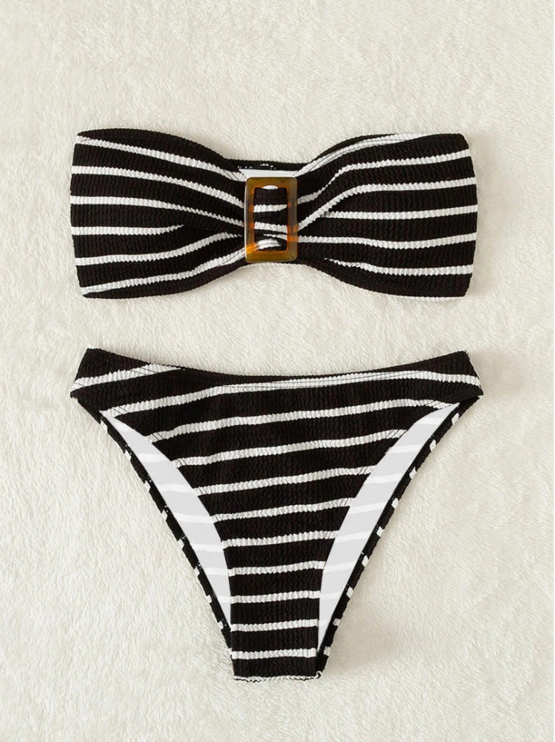 Damen Bandeau-Bikini mit modischem Streifenmuster und dekorativer Schnalle Drune