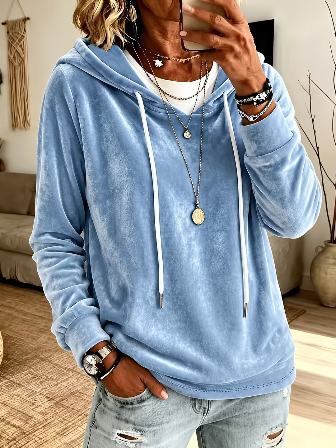 Damen Samt-Kapuzenpullover mit Relaxed-Fit und Kordelzug Drune