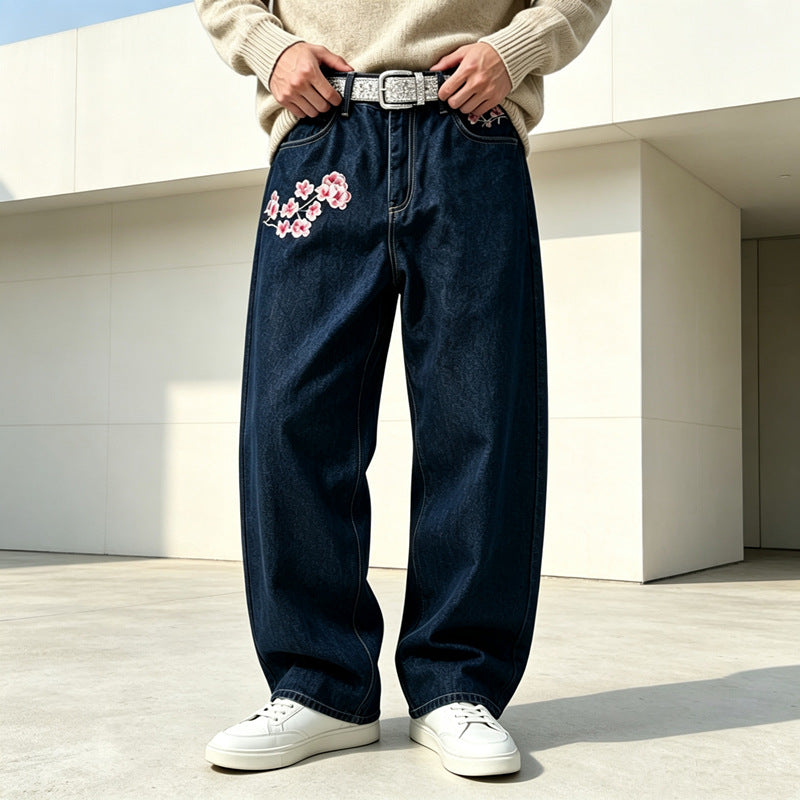 Herren Modische Weit geschnittene Denim-Hose mit Blumenstickerei Drune
