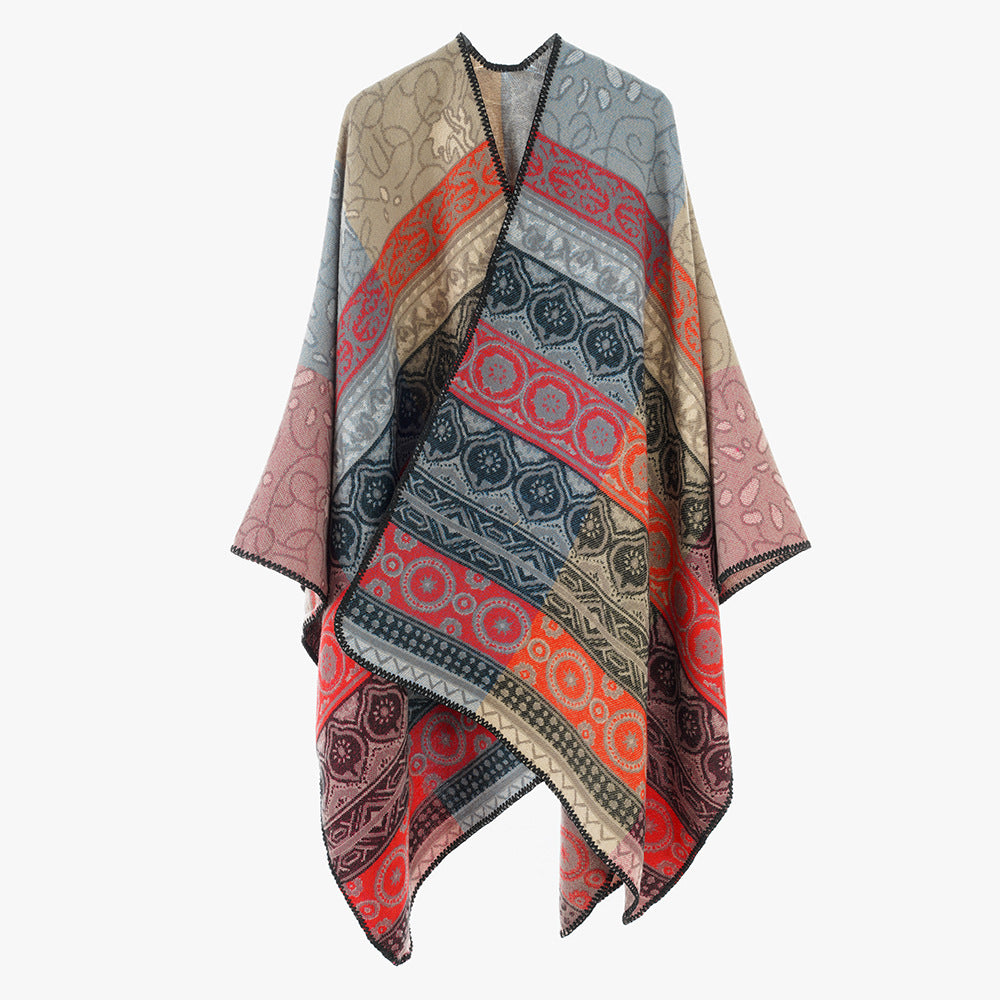 Damen Jacquard-Cape mit geometrischem Ornamentmuster und kontrastierter Kettelnaht Drune
