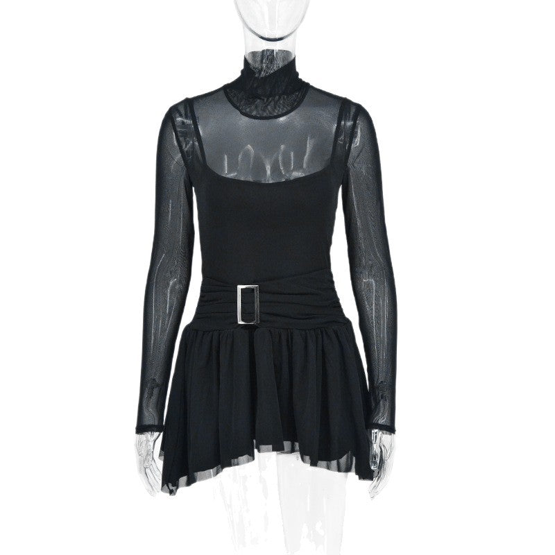 Damen Mini-Raffkleid mit transparenten Ärmeln und tailliertem Design Drune