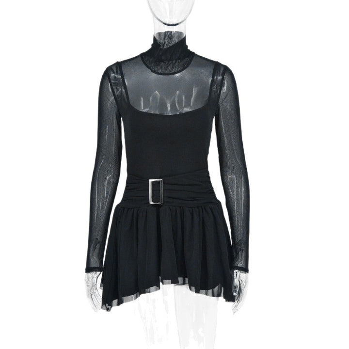 Damen Mini-Raffkleid mit transparenten Ärmeln und tailliertem Design Drune