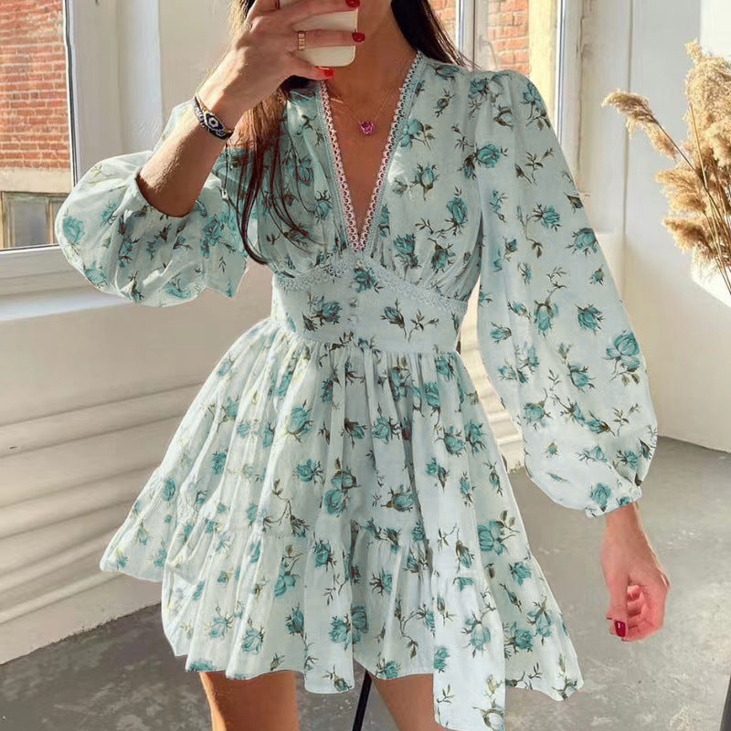 Damen Boho-florales Minikleid mit V-Ausschnitt und Puffärmeln Drune