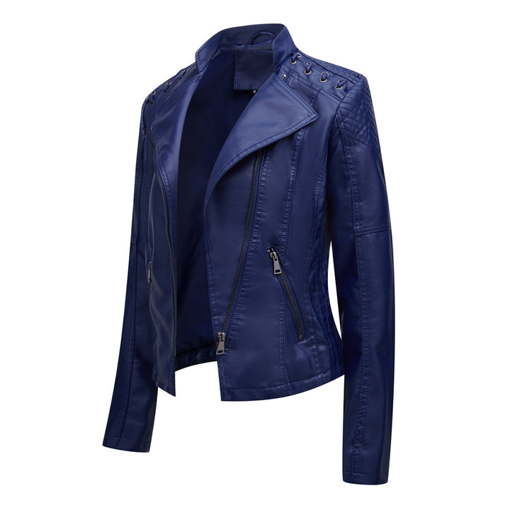 Damen nan taillierte Kunstleder-Bikerjacke mit gesteppter Schulterpartie, asymmetrischem Reißverschluss und Zierösen Drune