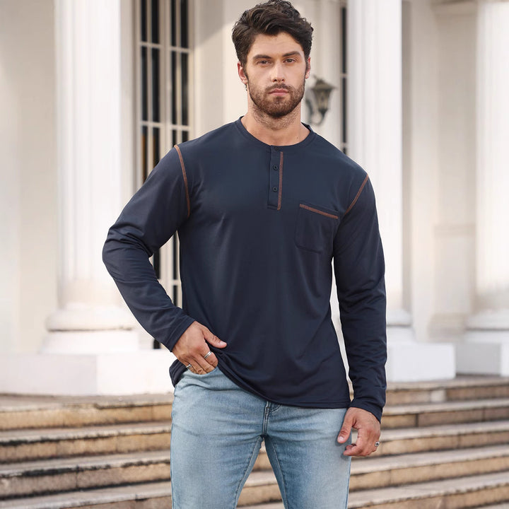 Herren nan Langarmshirt mit kurzer Knopfleiste Brusttasche und kontrastierenden Ziernähten Drune