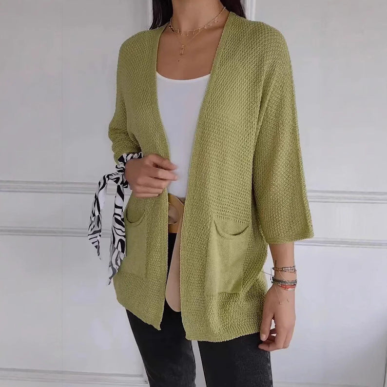 Damen luftiger Strick-Cardigan mit Taschen und weitem Schnitt Drune