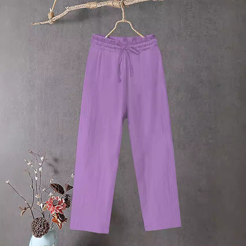 Damen Crinkle Leinenmischung Hose mit elastischem Kordelzug, gerade Beinform und lässiger Passform Drune