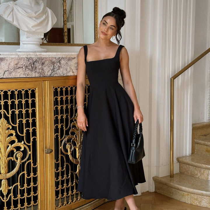 Damen Elegantes Maxikleid mit quadratischem Ausschnitt und fließendem Rock Drune