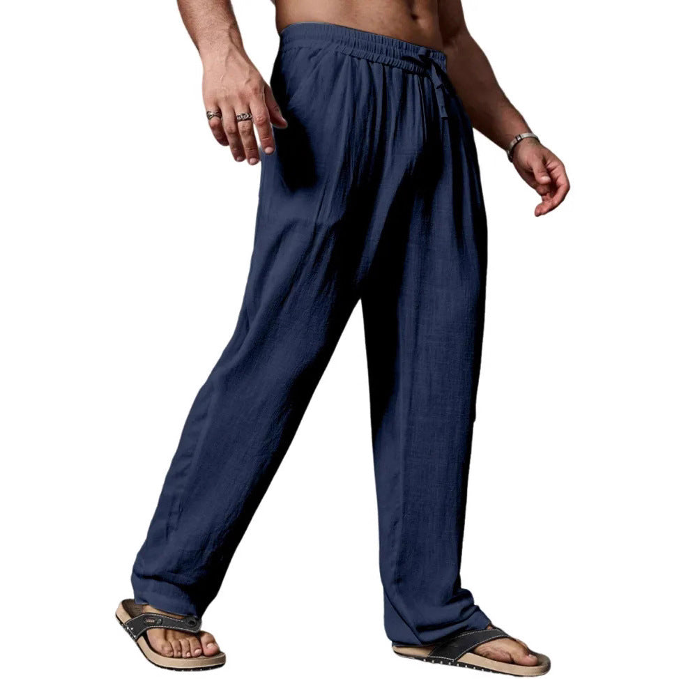 Herren entspannte Leinenmix-Yogahose mit Kordelzug, Elastikbund und geradem Bein Drune