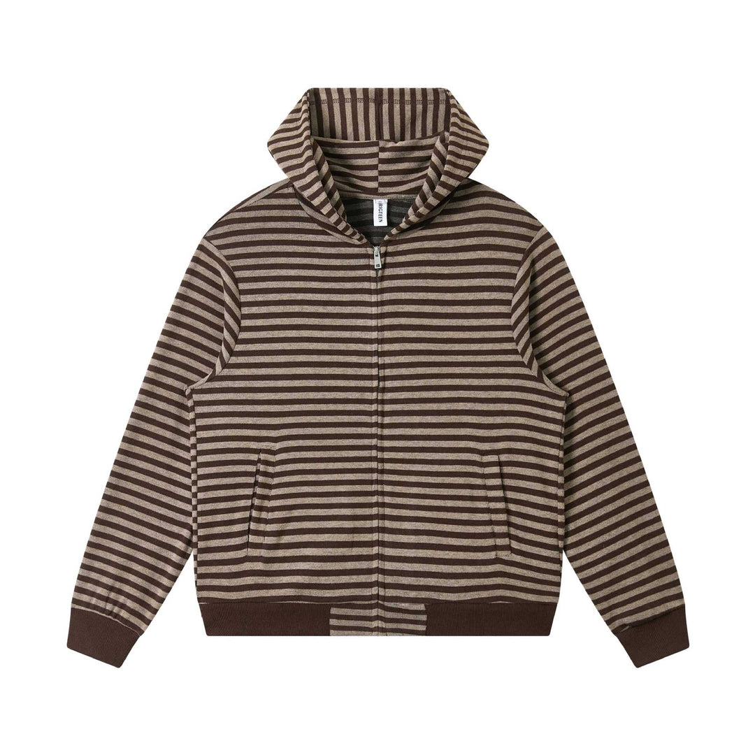 Unisex Gestreifte Strick-Kapuzenjacke mit durchgehendem Reißverschluss und Kängurutaschen Drune
