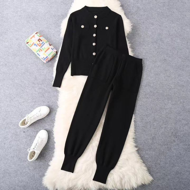 Damen elegantes Strickanzug-Set mit Knopfdétails Drune