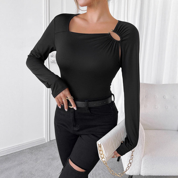 Damen nan asymmetrisches Langarmoberteil mit Cut-Out und goldfarbenen Schmuckknöpfen Drune