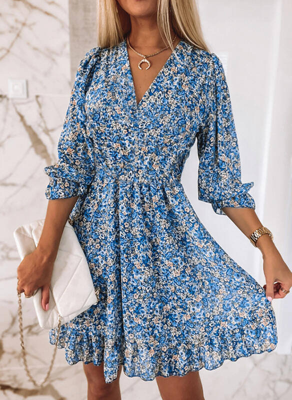 Damen Florales Chiffon-Minikleid mit V-Ausschnitt und Taillengürtel-Effekt Drune