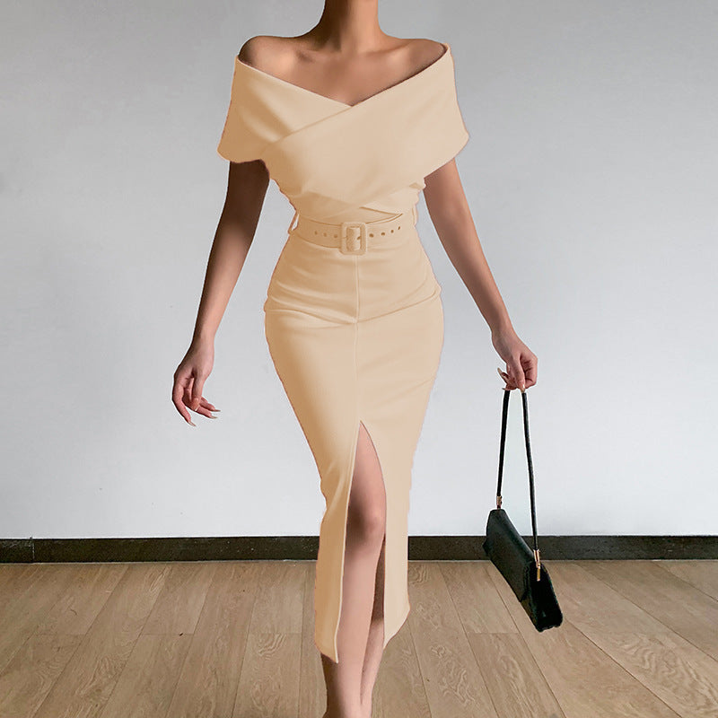 Damen Figurbetontes Abendkleid mit schulterfreiem Design und asymmetrischem Schlitz Drune