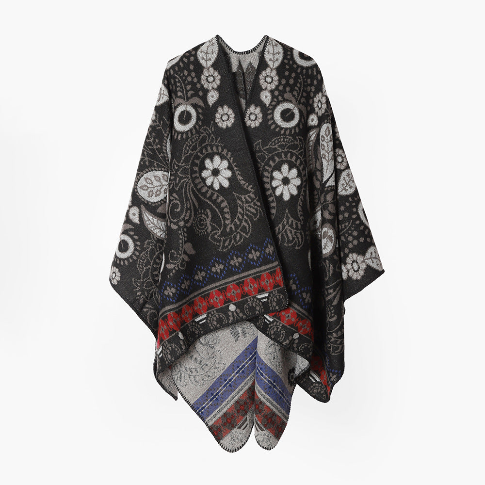 Damen Oversize-Jacquard-Überwurf im Cape‑Stil mit Paisley‑ und Blumenmotiv Drune