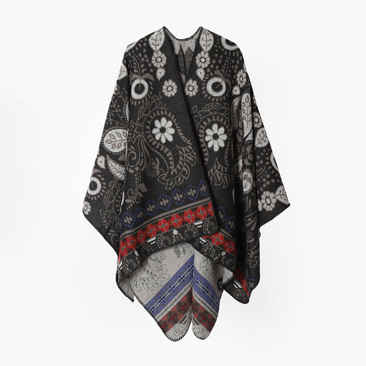 Damen Oversize-Jacquard-Überwurf im Cape‑Stil mit Paisley‑ und Blumenmotiv Drune