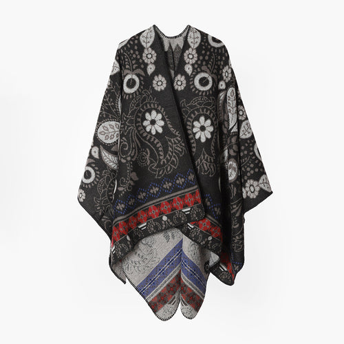 Damen Oversize-Jacquard-Überwurf im Cape‑Stil mit Paisley‑ und Blumenmotiv Drune