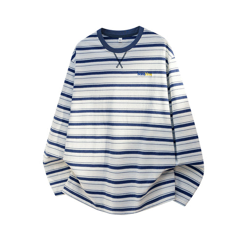 Unisex Gestreiftes Oversize-Langarmshirt mit Rundhalsausschnitt und Bruststickerei Drune