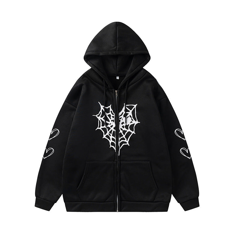 Damen Kapuzenjacke mit auffälligem Spinnenmotiv und praktischen Taschen Drune