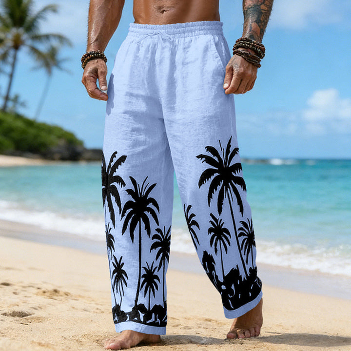 Herren Lässige weite Leinenhose mit elastischem Bund und tonalem Palmenprint Drune
