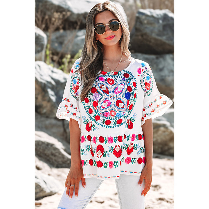 Damen besticktes Blusentop mit voluminösen Ärmeln und floralen Motiven Drune